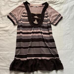Axes Femme Cute pink brown striped dress with bow and ruffle details Size medium